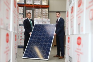 Major Investment Programme Gets Underway at Armagh Bakery / Mel Courtney, (left) General Manager, UK and Ireland, Kingspan Energy Ltd is pictured with Patrick Woods, Sales and Marketing Director, Linwoods with a sample of one of the 200 rooftop solar panels which is being installed as part of a £2 million development at the companies Armagh site.
