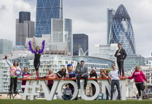 (Left to Right) Angelo Urzua-Milla, Gail Bryden, Claire McGarry, Lilli Millar and model, William Bateman and Burt The Binman, Dean Evans, Julie Chen, Ruth Lucas and Bronwyn the dog, Jack Farmer, James Gordon and Julie Creffield. These 11 entrants competing in this year's Virgin Media Business VOOM 2016 represent a cross section of sectors hoping to win the chance to pitch to Richard Branson and win a share of £1million in the U.K. and Ireland's most valuable business competition. London, Tuesday 26th April 2016.